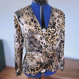 Vtg Tadashi Collection silk blend leopard print faux wrap blouse size 10